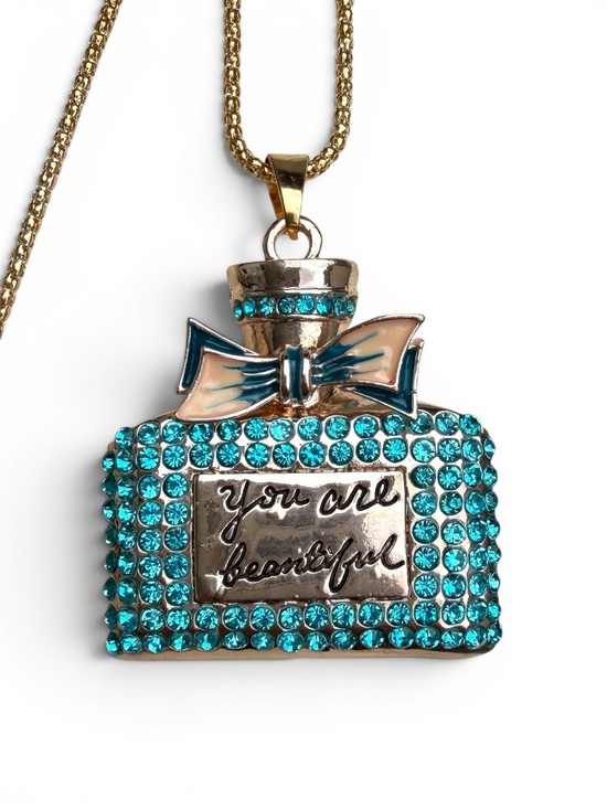 Betsey Johnson Jewelry - Betsey Johnson Perfume Bottle Pendant Necklace You Are Beautiful Aqua Crystals